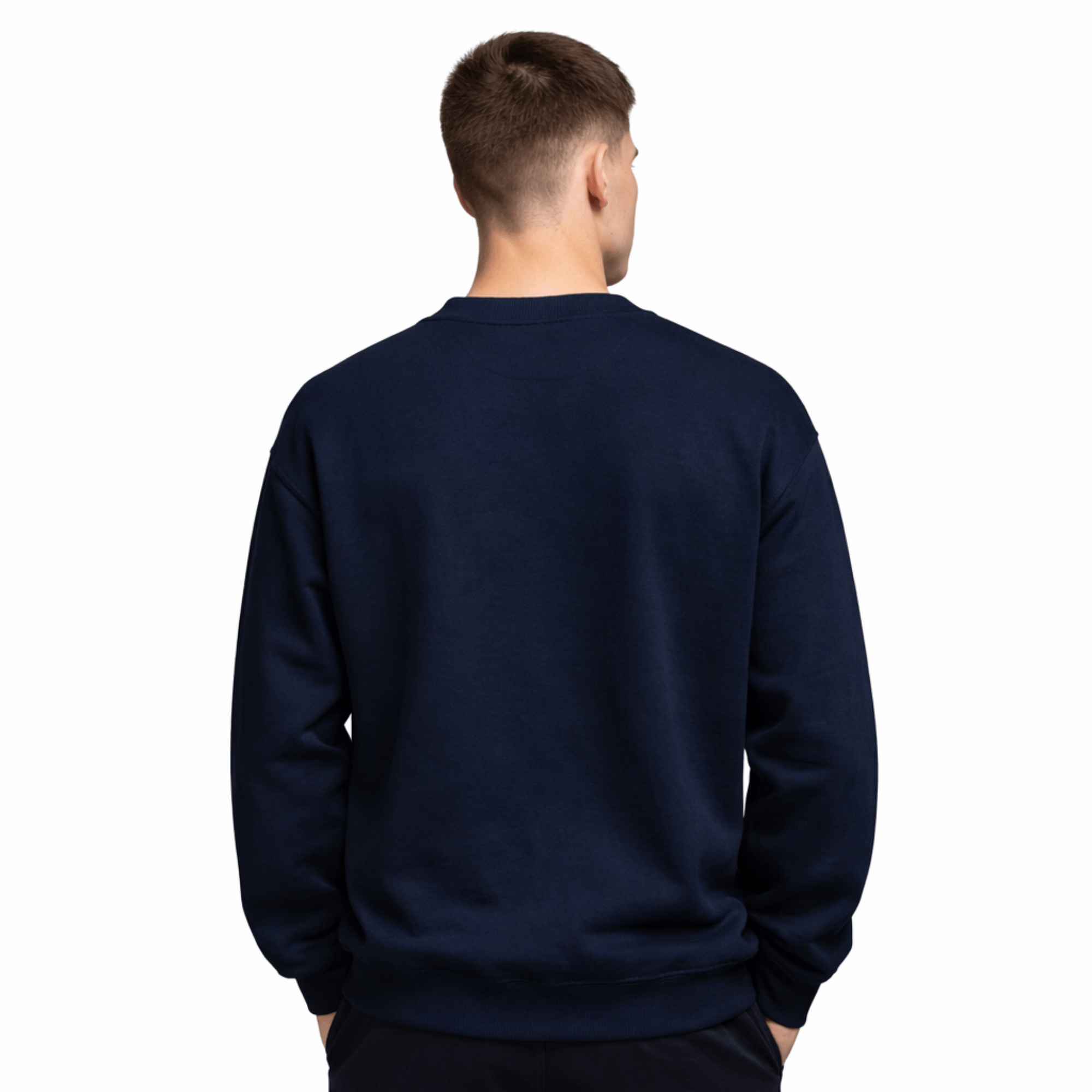 Model wearing UNCØDED Signature Sweatshirt navy minimal streetwear crewneck back view #group:navy