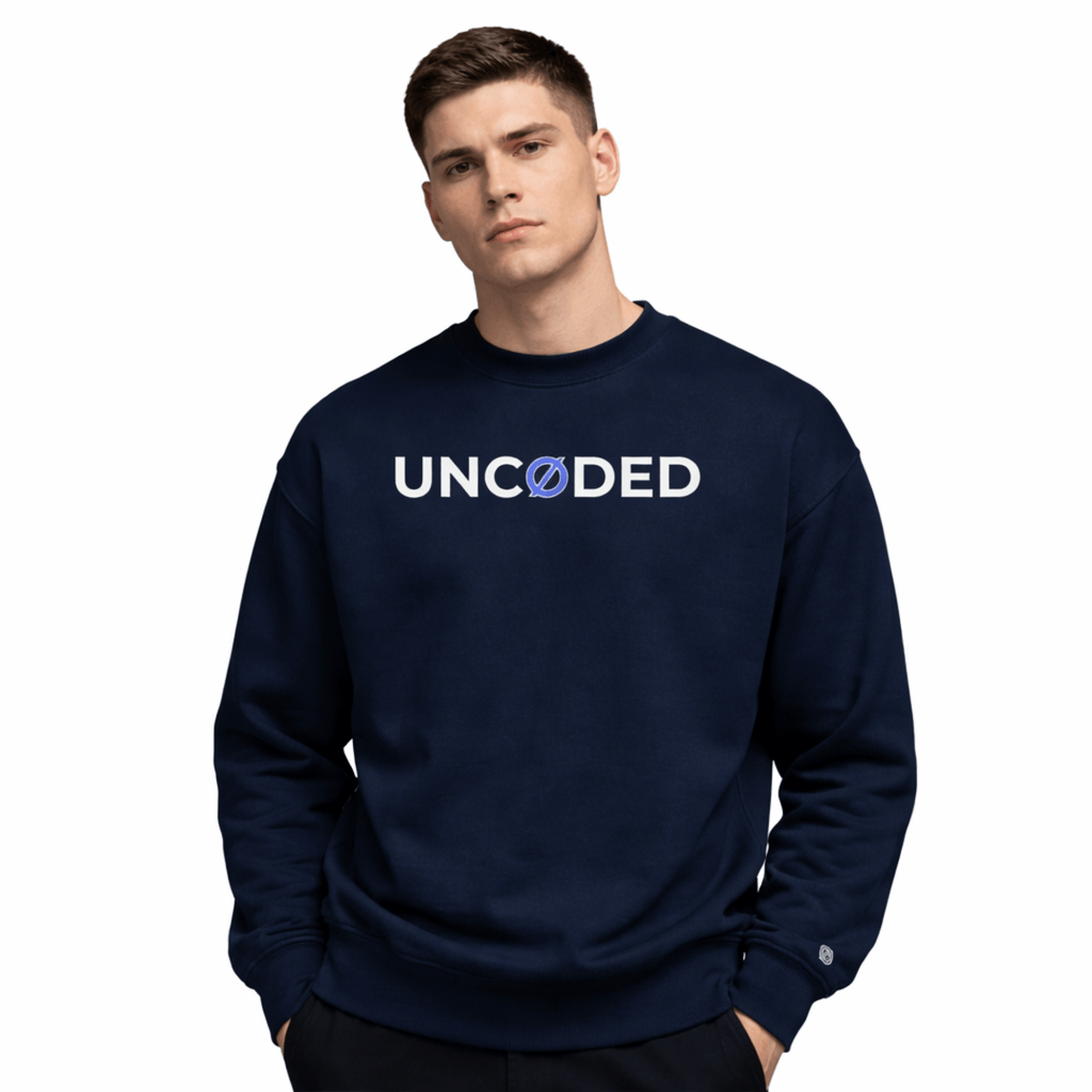 Model wearing UNCØDED Signature Sweatshirt navy minimal streetwear crewneck front view #group:navy