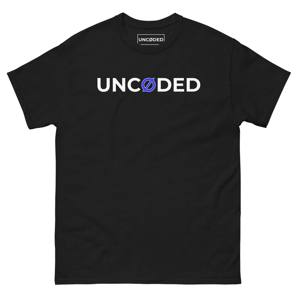 UNCØDED Signature Tee black minimalist streetwear t-shirt with blue Ø logo front view #group:black-blue