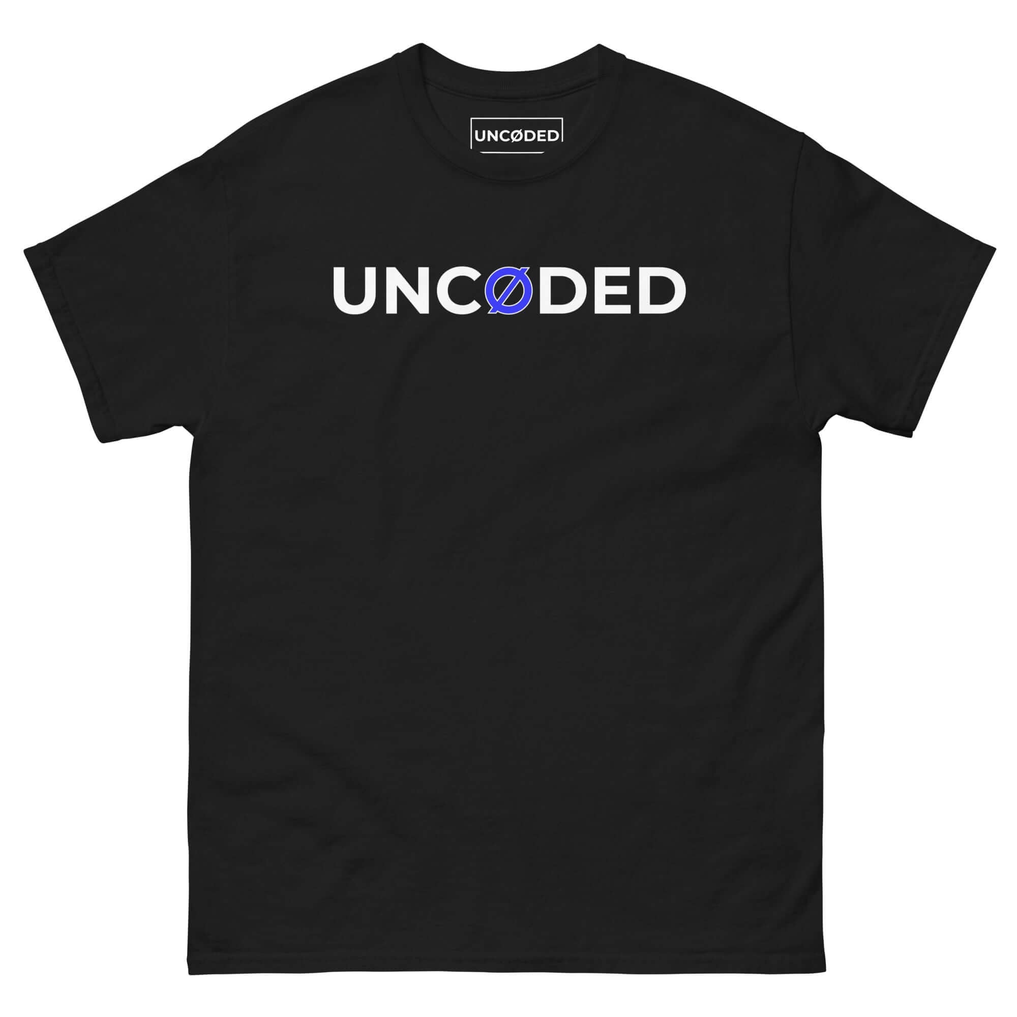 UNCØDED Signature Tee black minimalist streetwear t-shirt with blue Ø logo front view #group:black-blue