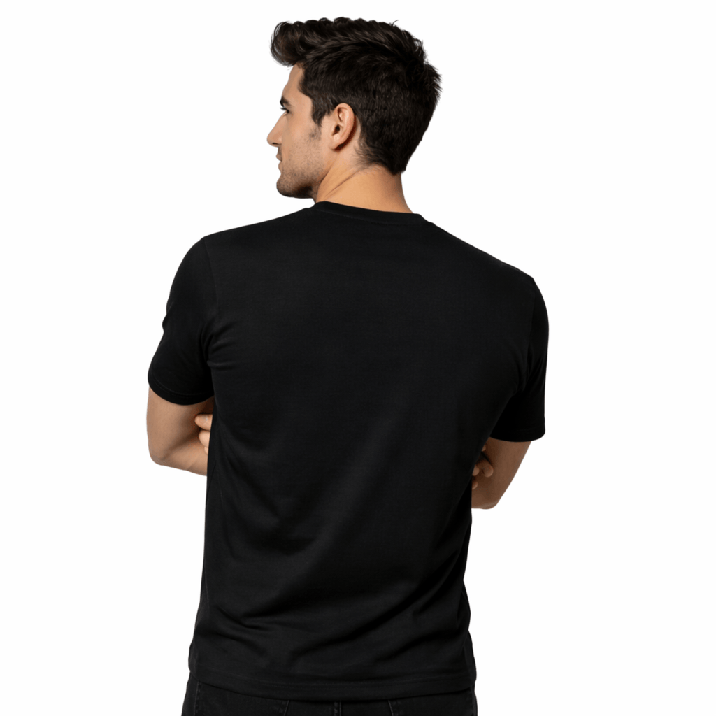 Model wearing UNCØDED Signature Tee black minimalist streetwear t-shirt back view #group:black-blue