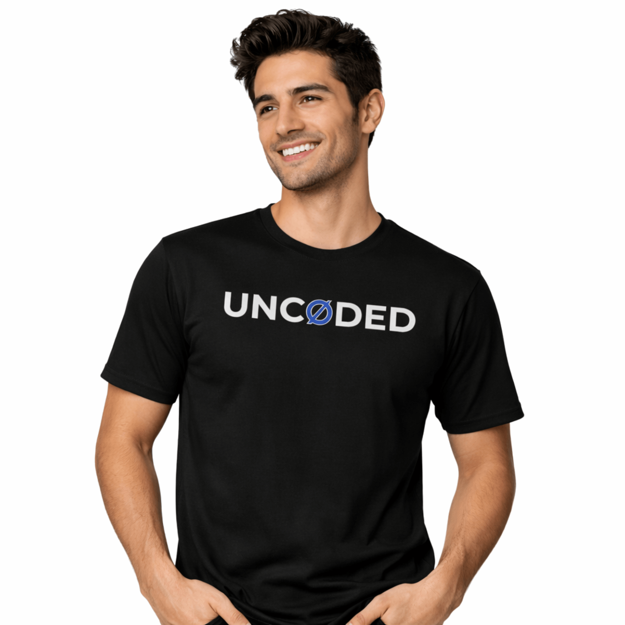 Model wearing UNCØDED Signature Tee black minimalist streetwear t-shirt with blue Ø logo #group:black-blue