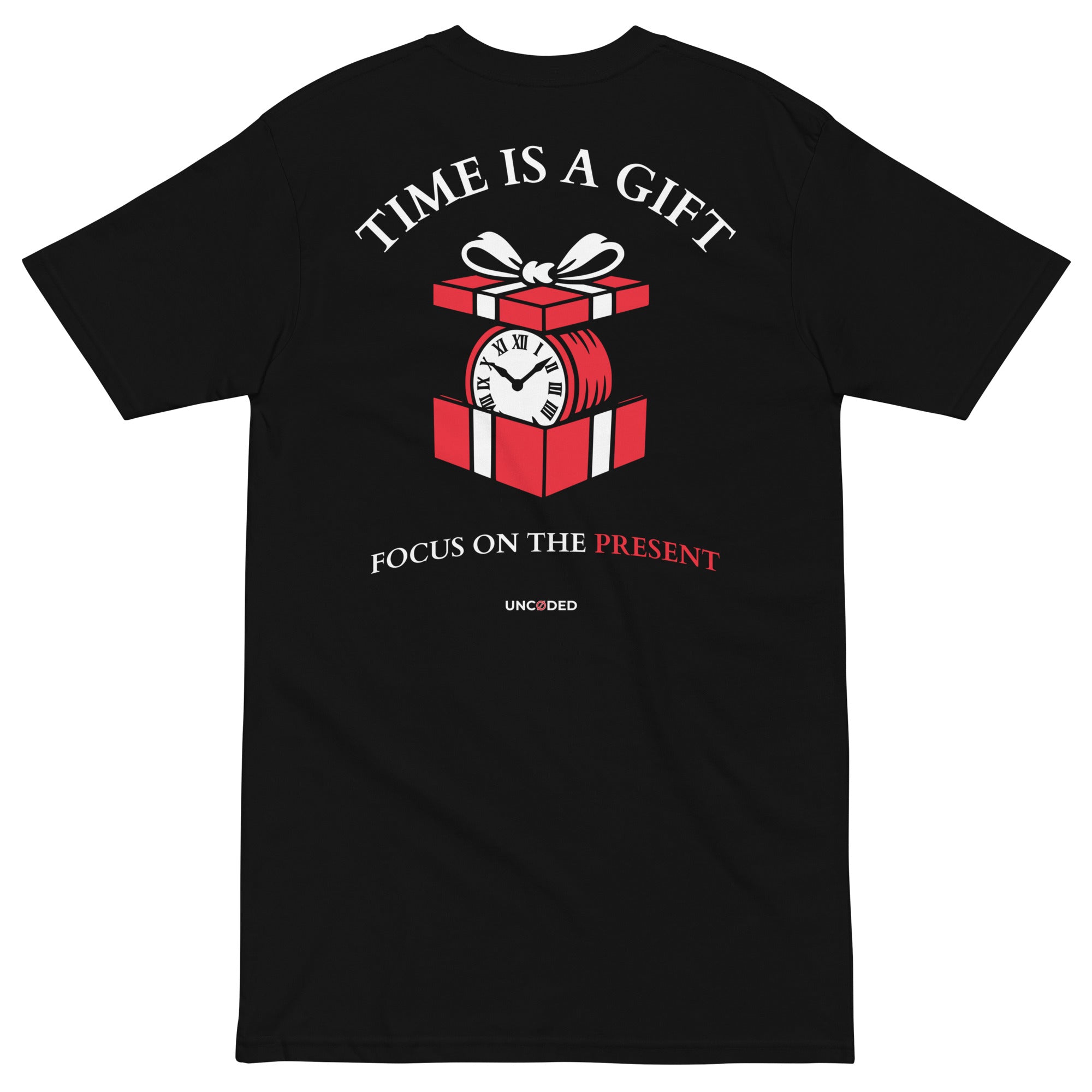 UNCØDED Time is a Gift Tee black premium graphic tee back design