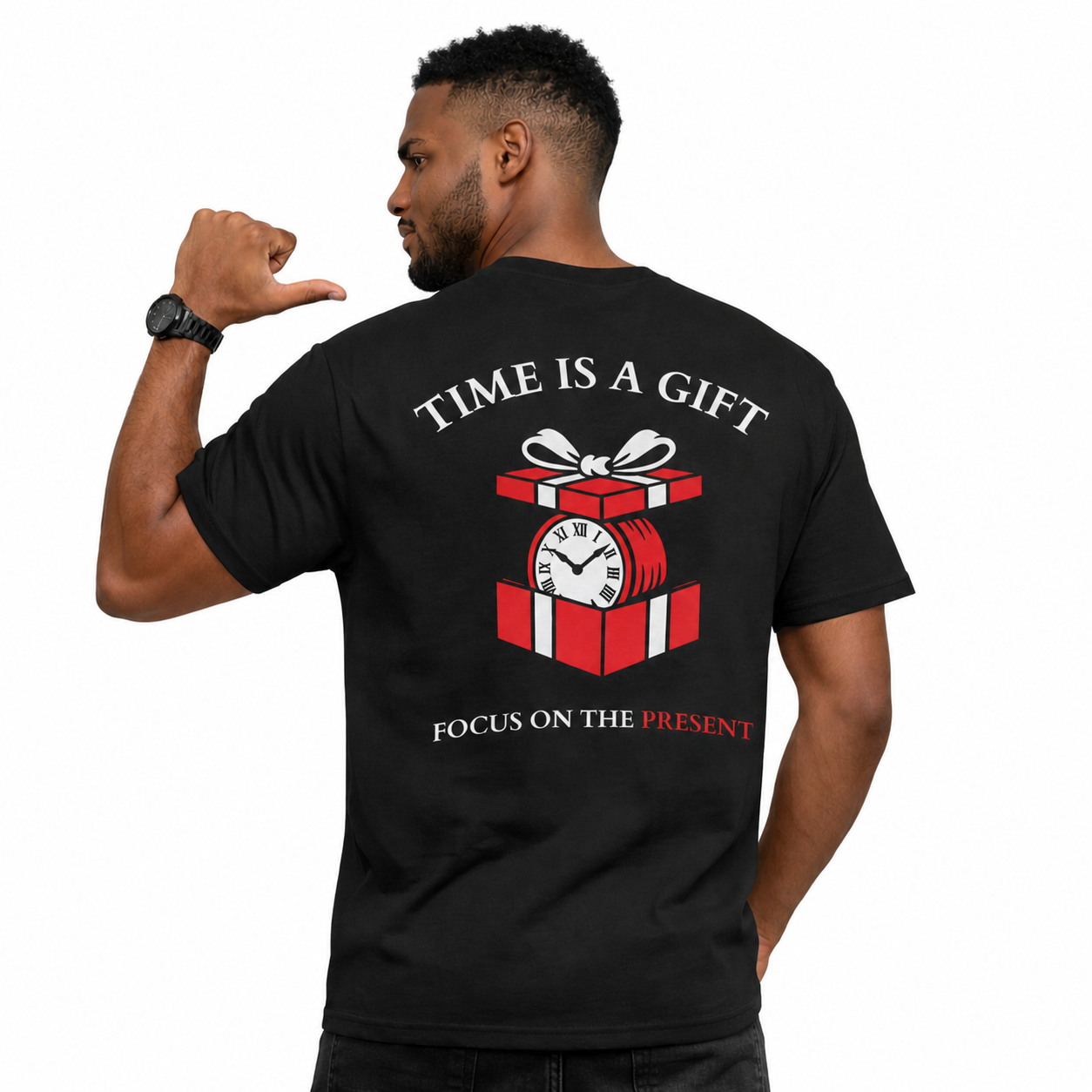 Model wearing UNCØDED Time is a Gift Tee black premium graphic tee back design